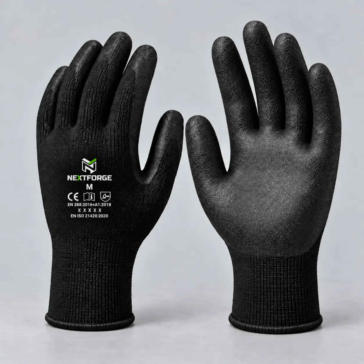 Zwarte NEXTFORGE ProGrip werkhandschoenen met complete productmarkeringen