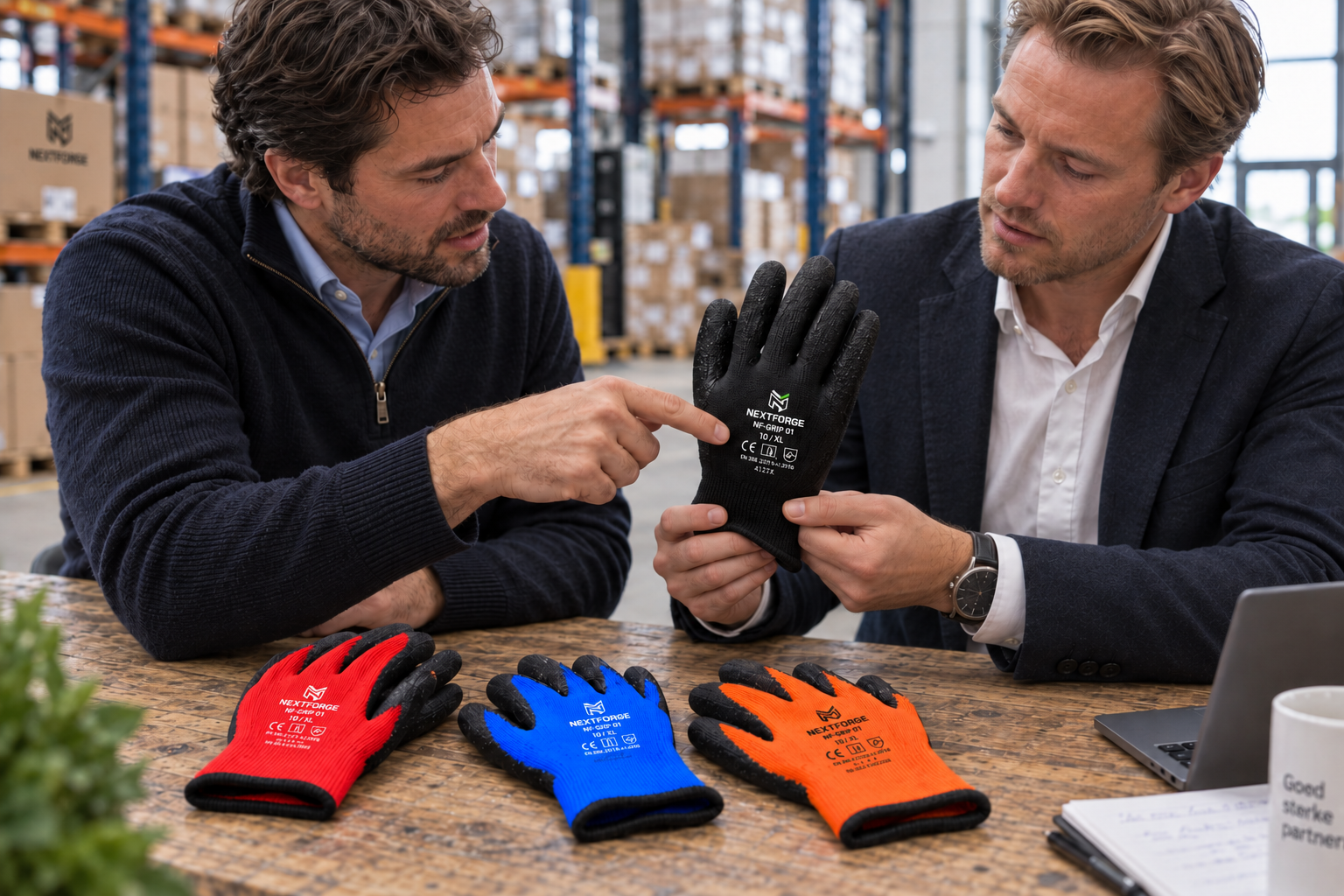 Zakelijke bespreking over de NEXTFORGE werkhandschoenen