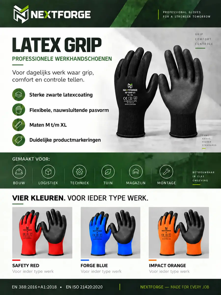NEXTFORGE latex werkhandschoenen voor bouw, logistiek, techniek en tuinwerk